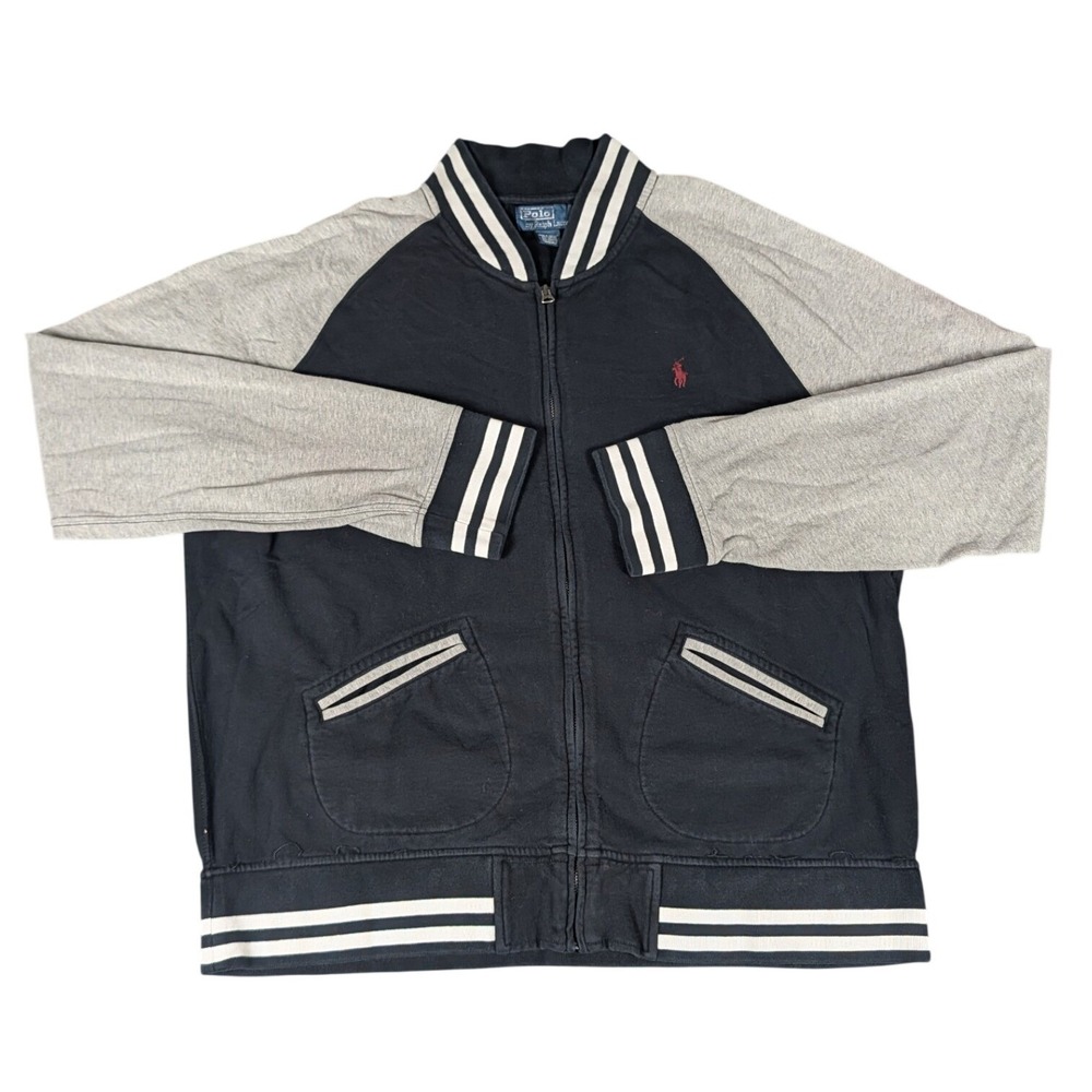 Polo Ralph Lauren Mens Bomber Track Jacket Black Gray Striped Varsity XXL